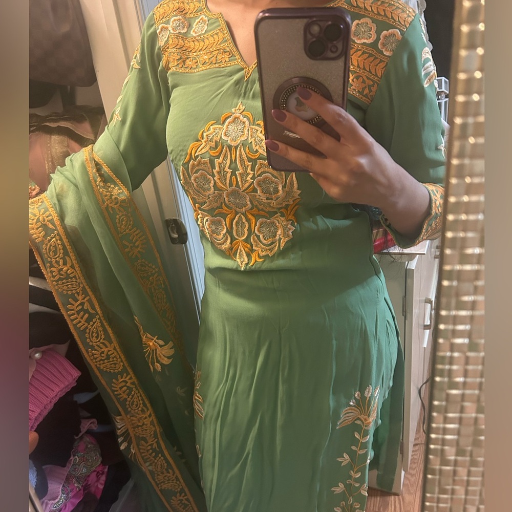 Mint georgette kameez and trousers with printed dupatta
